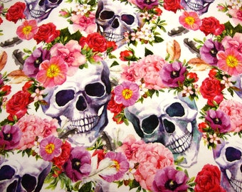 1m/21,95Euro Baumwolljerseystoff Skull Totenkopf Rose Blume bunt Totenköpfe Skulis rosa rot lila grau schwarz auf weiss Meterware Jersey
