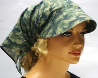 Headscarf with peak summer hat chemo convertible scarf alopecia camouflage color shades of green black beige blackberry purple sun hat summer hat peaked cap