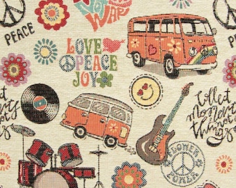 1 m / 22.95 euros tapestry fabric hippy party decoration curtains pillows bags bullis drums guitar flower blossom peace made in EU sold by the meter