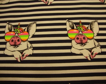 1m/21,95 Euro Baumwolljersey cooles Einhorn Schwein gestreift weiß marine mit Brille neon,neonfarben Stoffe nähen Jersey Meterware