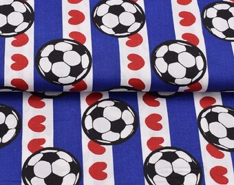 1m/18,95 Euro 100% Baumwolle Patchwork Popeline Fußbälle weiß blau mit roten Herzen gestreift mit Fußball für Stoffmasken made EU Fan