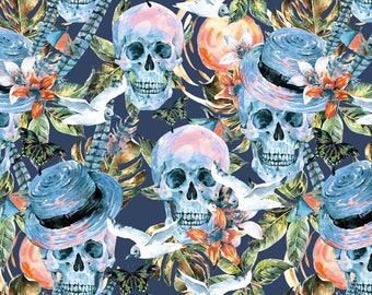 1 m/21,95 Euro Watercolor skulls with butterflies, birds and leaves on blue jersey Skull skull heads Skull skull jersey sold by the meter