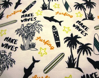 1 m/20.95 euros cotton jersey holiday feeling summer island surfing palm island surfboard shark island palm trees white JJersey fabrics by the meter Ökotex