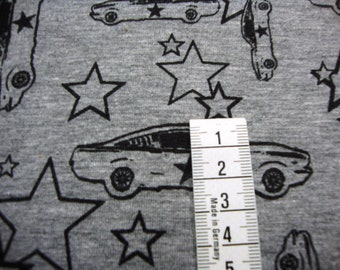 1 m / 21.95 euros cotton jersey gray mottled with racing cars and stars car sports car sold by the meter
