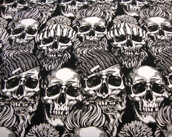 1m/24,95Euro French Terry Druck Totenkopf Hipster Caps Mütze Schädel Mützen Skulls weiß grau schwarz weiß Männersstoffe Meterware Sweat