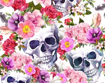 1m/21,95Euro Baumwolljerseystoff Skull Totenkopf Rose Blume bunt Totenköpfe Skulis rosa rot lila grau schwarz auf weiss Meterware Jersey Sto