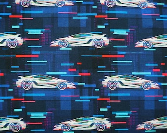 1m/24,95Euro Sweat French Terry Druck- Race Car Limited Edition, French Terry Rennauto auf dunkelblau für Jungs und Männer Meterware