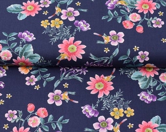 1 m/19.95 euros 100% cotton patchwork poplin flowers leaves and little birds on blue flower fabric for fabric masks made in EU