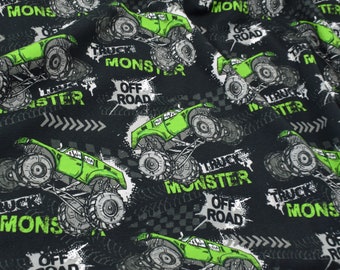 1m/21,95Euro Baumwolljersey Druck Monstertruck weiße grüne Trucks auf schwarz für Jungs und Männer limitierte Auflage made EU Meterware