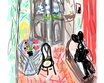 Giclee digital art print on archival paper . Bunny in an interior . Digital art . Wall art . Size 25 cm wide x 40 cm high