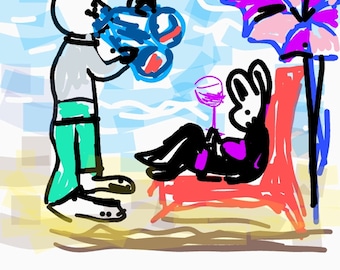 New binoculars and some bird watching on the beach , Giclee digital artprint on archival paper . Size 30 cm wide x 40  cm high . Bunny