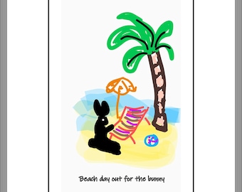 Beach day out for the bunny , Wall art print , kids art , rabbit print , digital print . Size 25 cm wide  x 40 cm high