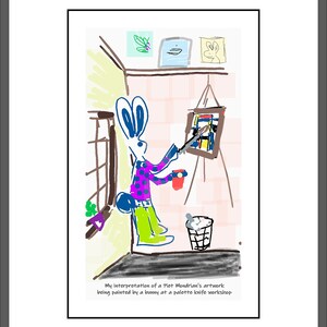 May include: A cartoon bunny wearing a purple and blue polka dot shirt and green pants is painting a colorful abstract painting on a canvas. The bunny is holding a paintbrush in its right paw and a red cup in its left paw. The painting is hanging on an easel in a room with a window and a trash can.
