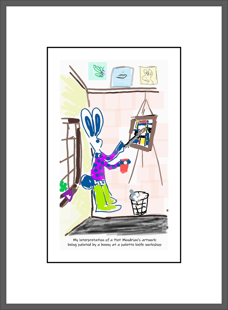 May include: A cartoon bunny wearing a purple and blue polka dot shirt and green pants is painting a colorful abstract painting on a canvas. The bunny is holding a paintbrush in its right paw and a red cup in its left paw. The painting is hanging on an easel in a room with a window and a trash can.