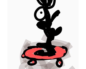 Playgirl bunny on skateboard . Giclee digital art print  on archival paper . Wall art , Rabbits. Size 25 cm wide x 40 cm high