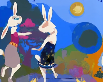 Impresión artística giclée de conejitas bailando, papel de archivo. Impresión de pared. Tamaño 30 cm de ancho x 28 cm de alto. Lindo arte para la habitación de los niños.