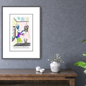 May include: A cartoon illustration of a rabbit holding a paintbrush and a cup, standing in a room with a window and a painting on the wall. The text below the image reads: "My interpretation of a 'Pop Surrealist's' artwork using assorted bits of a culture's various components."