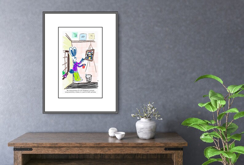 May include: A cartoon illustration of a rabbit holding a paintbrush and a cup, standing in a room with a window and a painting on the wall. The text below the image reads: "My interpretation of a 'Pop Surrealist's' artwork using assorted bits of a culture's various components."