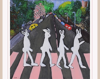 Giclee art print of an original artwork on archival paper . "Bunny Mania on Abbey Road " , Beatles , Art print , Size 30 cm x 30 cm