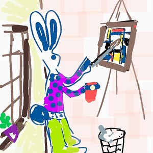 May include: A white rabbit with blue ears and a purple polka dot shirt is painting a colorful abstract painting on a canvas. The rabbit is holding a paintbrush in its right paw and a red cup in its left paw. There is a trash can with white paper in it to the right of the rabbit.