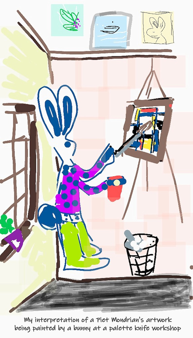 May include: A white rabbit with blue ears and a purple polka dot shirt is painting a colorful abstract painting on a canvas. The rabbit is holding a paintbrush in its right paw and a red cup in its left paw. There is a trash can with white paper in it to the right of the rabbit.