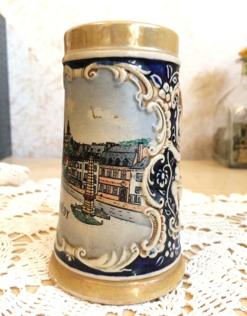 Small Malmedy Belgium Beer Stein Blue and Beige ceramic beer | Etsy