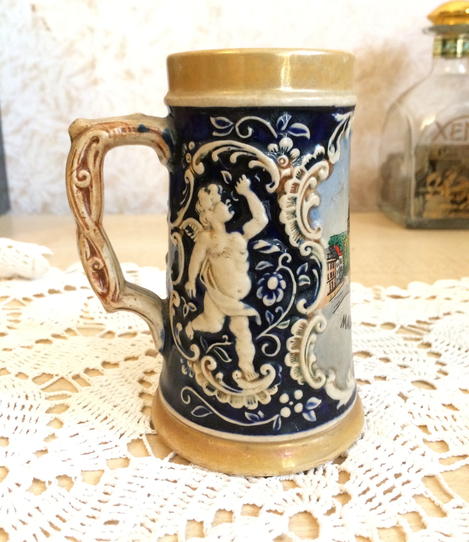 Small Malmedy Belgium Beer Stein Blue and Beige ceramic beer | Etsy