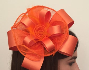 Alexia Orange Satin Sinamay Feather Fascinator On A Comb Bridal Prom Races Race Day Wedding Hair Piece Ascot Races Church Hat