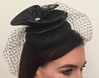 Alice Black Sinamay Satin Lace Diamante Fascinator Headband Hatinator Bridal Prom Races Race Day Wedding Hair Piece Ascot Races