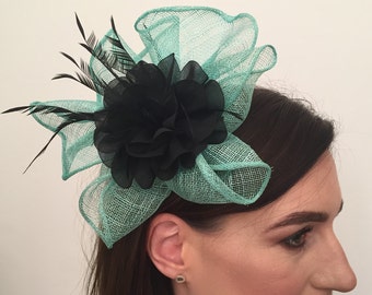 Adelaide Black and Green Silk Flower Coq Plume Fascinator Corsage Bridal Prom Races Race Day Wedding Hair Piece Mother of the Bride Hair