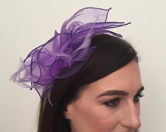 Alicia Purple Organza and Feather Fascinator on Headband Bridal Prom Races Race Day Wedding Hair Piece