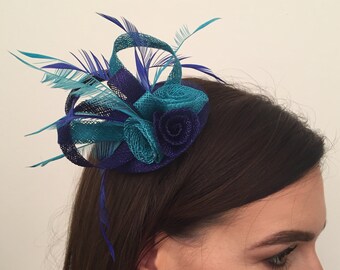 Ambre bicolore bleu Sinamay & Plume de Coq soucoupe chapeau Clip sur bibi Corsage mariée bal courses jour de la course morceau de cheveux de mariage