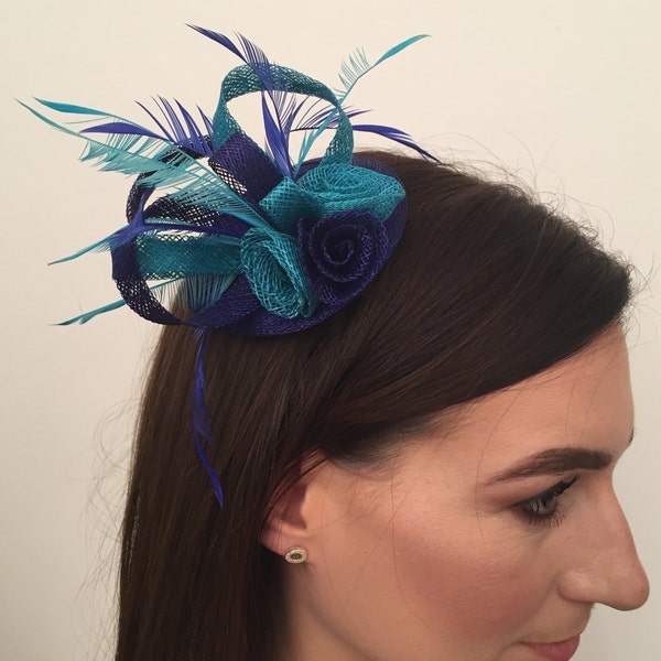 Amber TwoTone Blue Sinamay & Coq Plume Saucer Hat Clip On Fascinator Corsage Bridal Prom Races Race Day Wedding Hair Piece