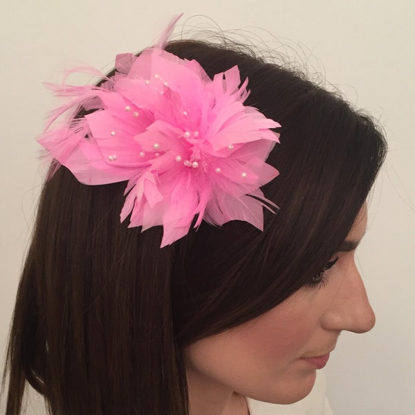 Annie Baby Pink Feather Fascinator Corsage Bridal Prom Races Race Day Wedding Hair Piece Ascot Races Church Wedding