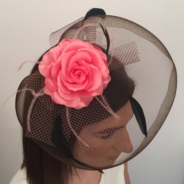 Angelina Mocha Black Soft Pink Feather and Net Fascinator on Black Satin Headband Bridal Prom Races Race Day Wedding Hair Piece