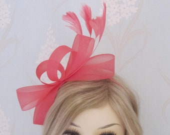 Coral Looped Fascinator on Headband with Coq Plume Bridal Prom Races Race Day Wedding Hair Piece