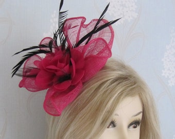 Fuchsia Silk Flower Coq Plume Fascinator Corsage Bridal Prom Races Race Day Wedding Hair Piece Mother of the Bride Hair