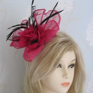 Fuchsia Silk Flower Coq Plume Fascinator Corsage Bridal Prom Races Race Day Wedding Hair Piece Mother of the Bride Hair