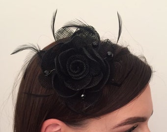 Aura Black Sinamay Feather Fascinator on Clip Bridal Prom Races Race Day Wedding Hair Piece Ascot Races Church Wedding