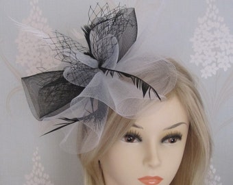 Black and White Netting Headband Clip with Coq Plume Bridal Prom Races Race Day Wedding Hair Piece