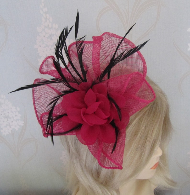 Fuchsia Silk Flower Coq Plume Fascinator Corsage Bridal Prom Races Race Day Wedding Hair Piece Mother of the Bride Hair