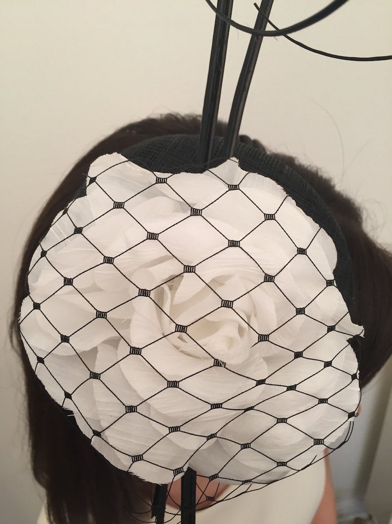 Ava Black and White Fascinator on Black Satin Headband Bridal Prom Races Race Day Wedding Hair Piece