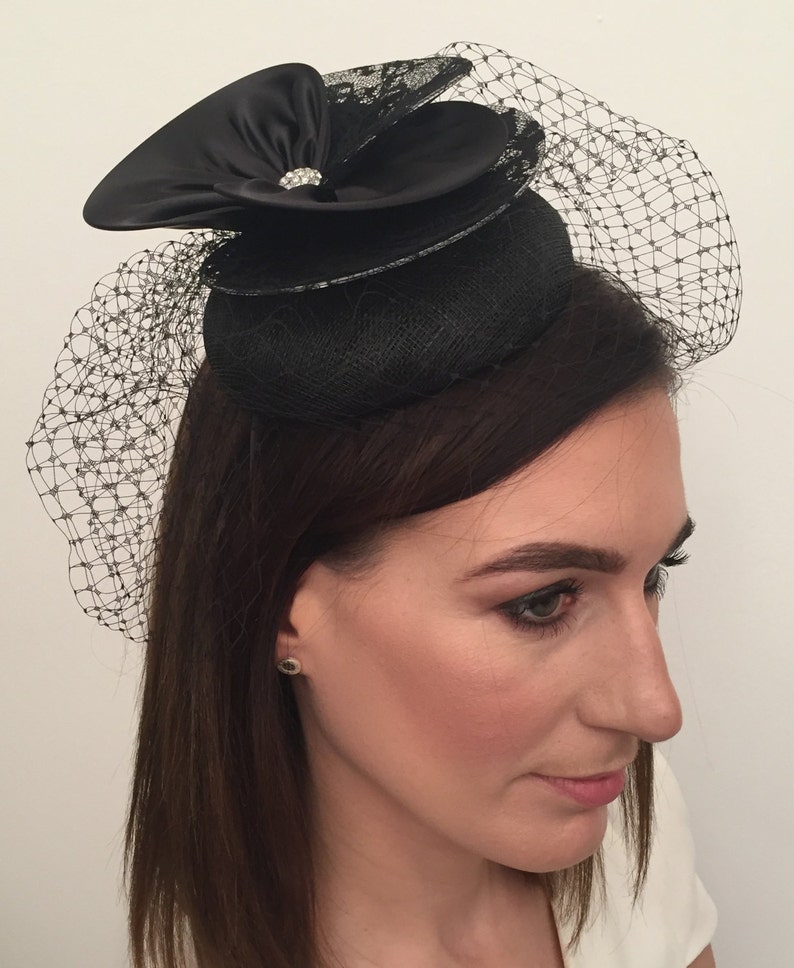 Alice Black Sinamay Satin Lace Diamante Fascinator Headband Hatinator Bridal Prom Races Race Day Wedding Hair Piece Ascot Races image 1