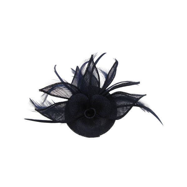 Sinimay bleu marine et fleur de plume soucoupe bibi mariée bal courses jour de la course de mariage cheveux pièce Ascot courses