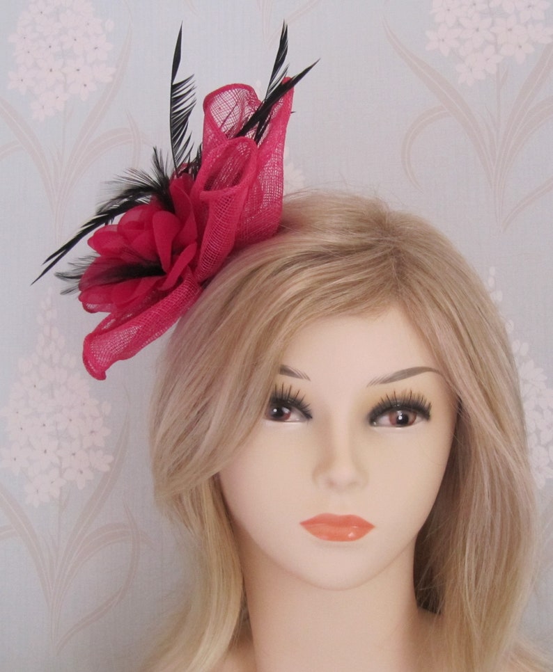 Fuchsia Silk Flower Coq Plume Fascinator Corsage Bridal Prom Races Race Day Wedding Hair Piece Mother of the Bride Hair