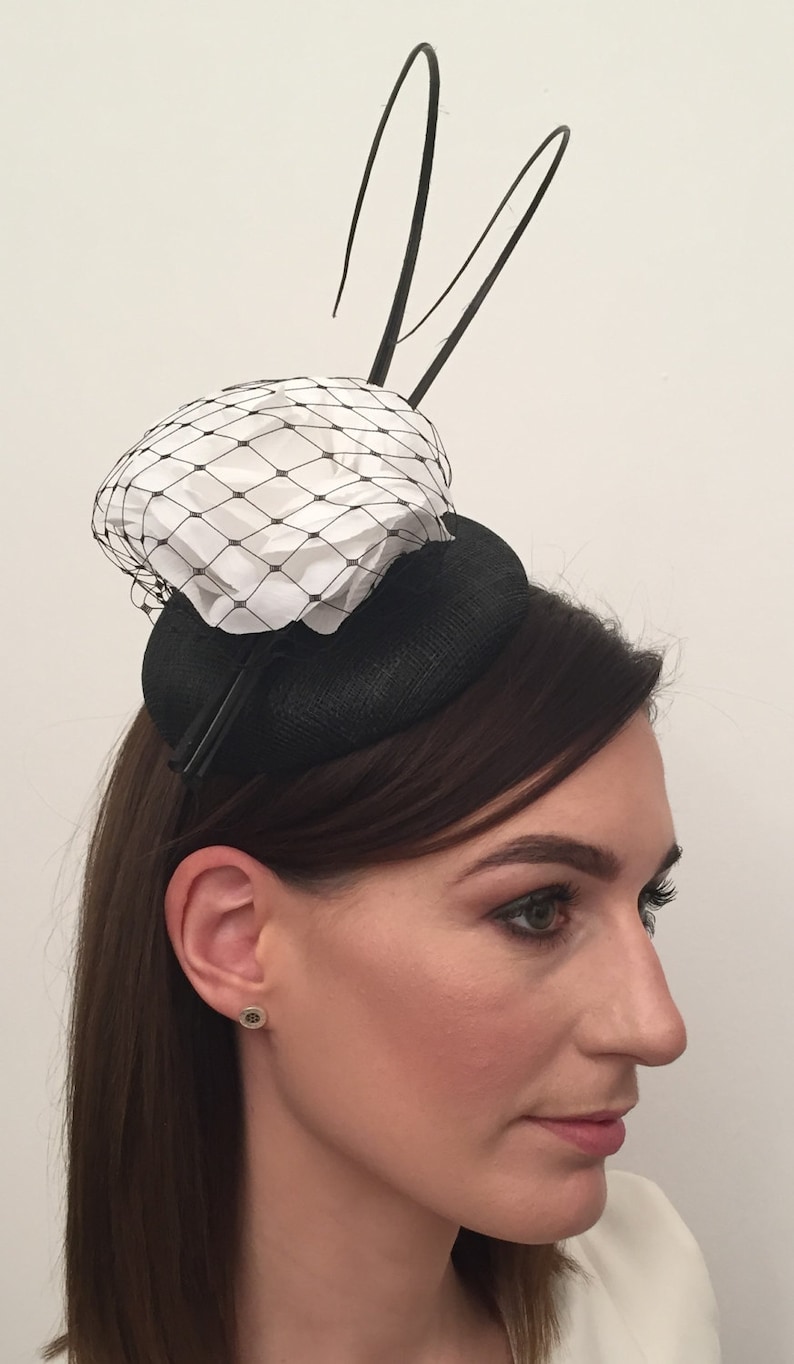 Ava Black and White Fascinator on Black Satin Headband Bridal Prom Races Race Day Wedding Hair Piece