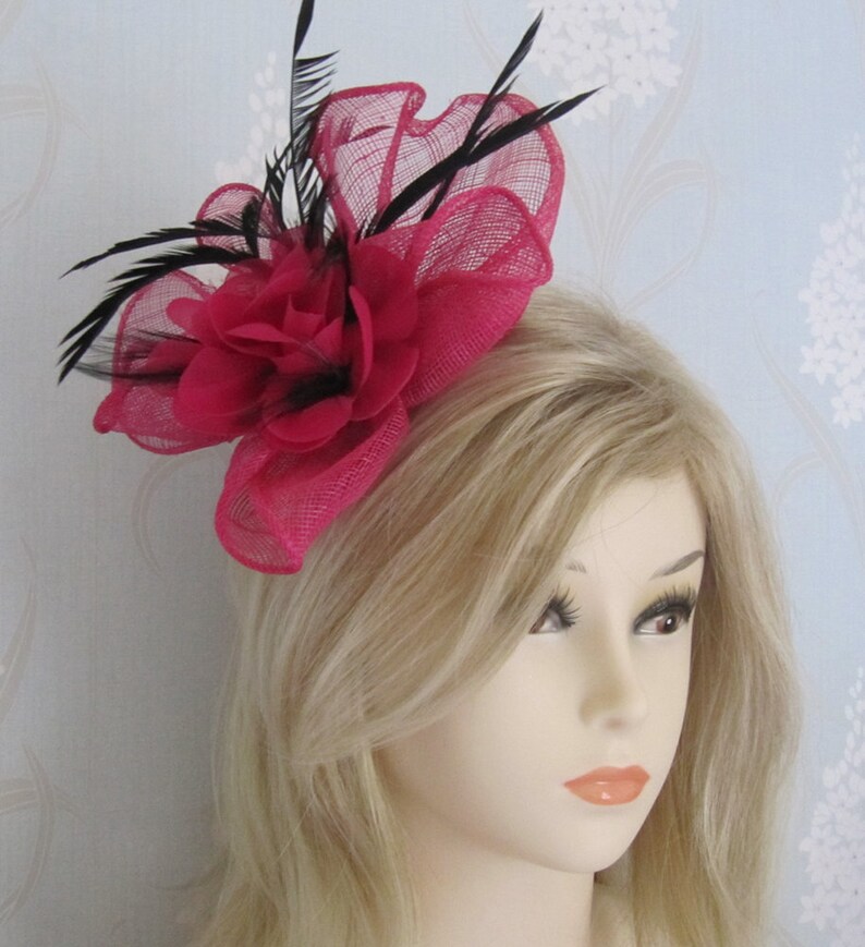 Fuchsia Silk Flower Coq Plume Fascinator Corsage Bridal Prom Races Race Day Wedding Hair Piece Mother of the Bride Hair