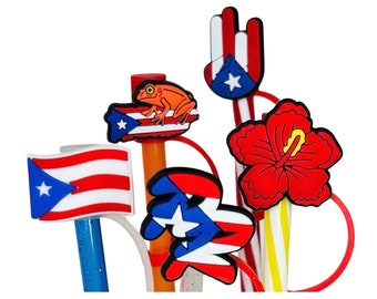 Puerto Rico Reuseable Straw Toppers | Boricua Tumbler Accessories | PR Straw Covers & Party Favors | Taino-Inspired Drink Decor | ¡Wepa!