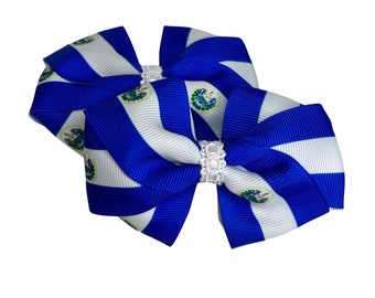 El Salvador | 4” Set of El Salvador Hair Bows | Salvadorian Flag Hair Barrettes | Hispanic Heritage Month | Handmade