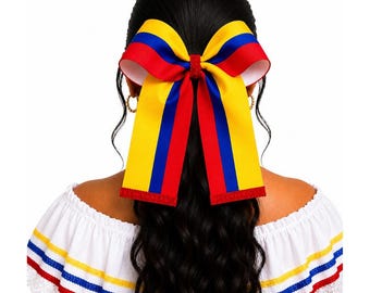 Colombia Flag Hair Bows | Soccer Fan Statement Bows | Cultural Cheer Style Bows | Cultural Hair Accessory | Colombian Independence Day